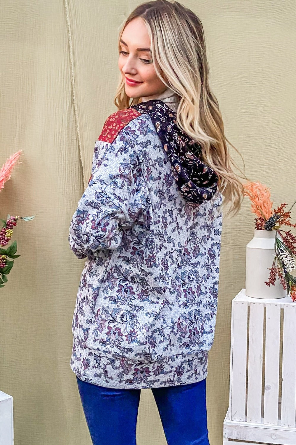 And The Why Printed Half Zip Up Long Sleeve Hoodie - Whispering Desires Shoppe