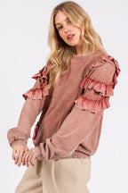 Mittoshop Ruffled Mineral Washed Round Neck Long Sleeve Sweatshirt - Whispering Desires Shoppe