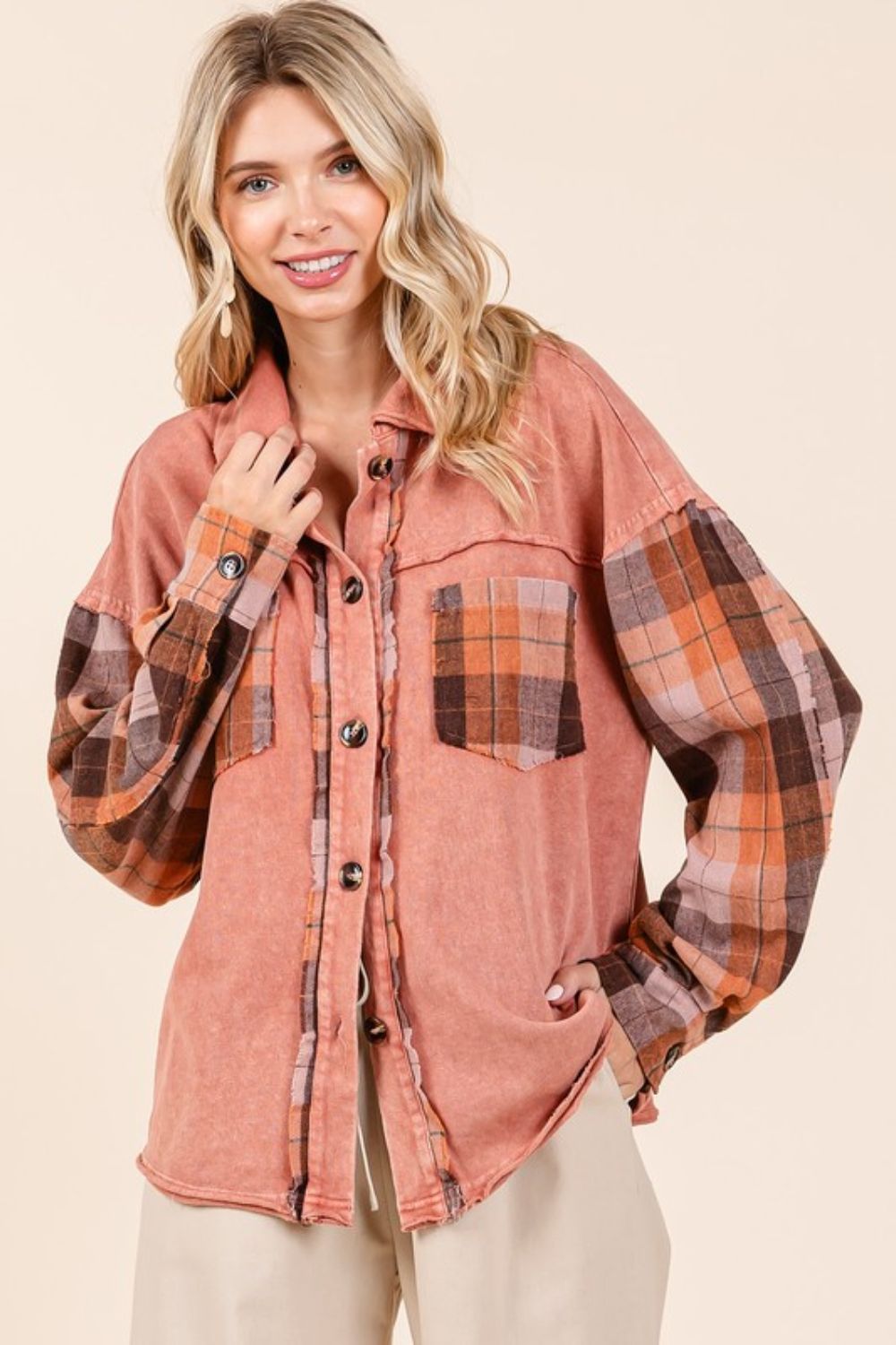 Mittoshop Button Down Contrast Plaid Patchwork Shacket - Whispering Desires Shoppe