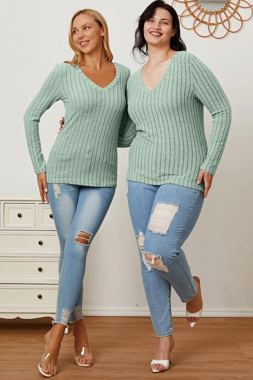Basic Bae Ribbed V-Neck Long Sleeve Tee - Whispering Desires Shoppe