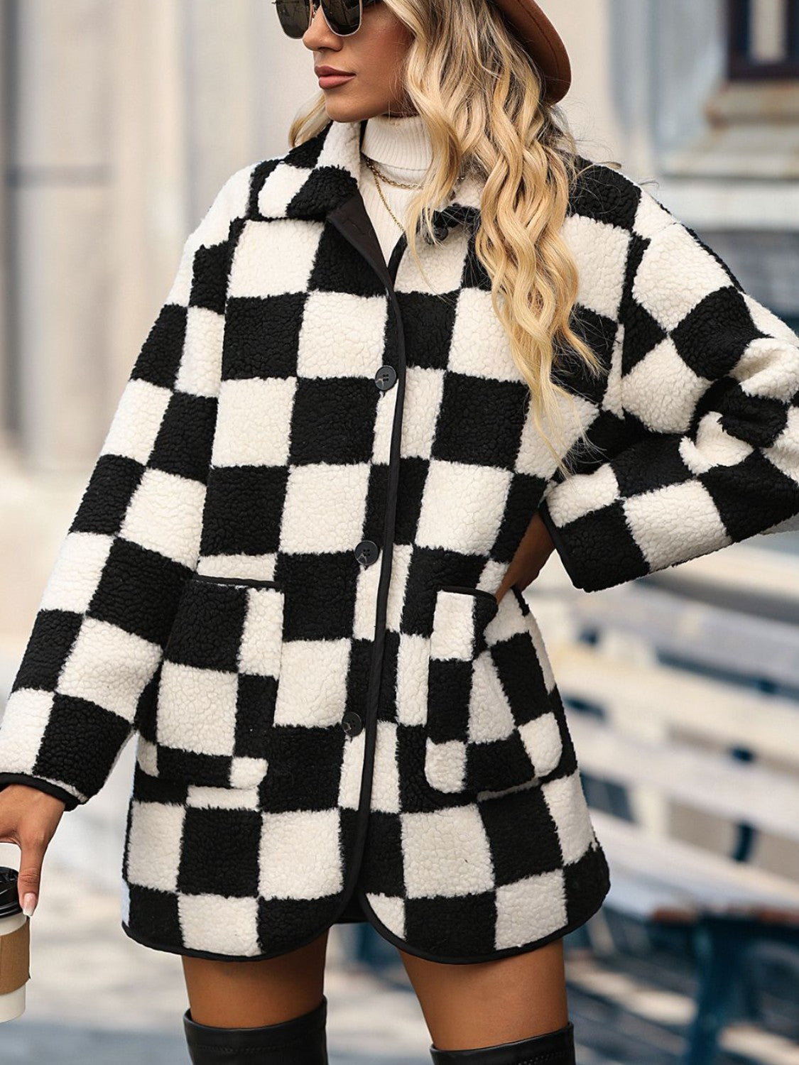 Double Take Checkered Button-Front Coat with Pockets - Whispering Desires Shoppe