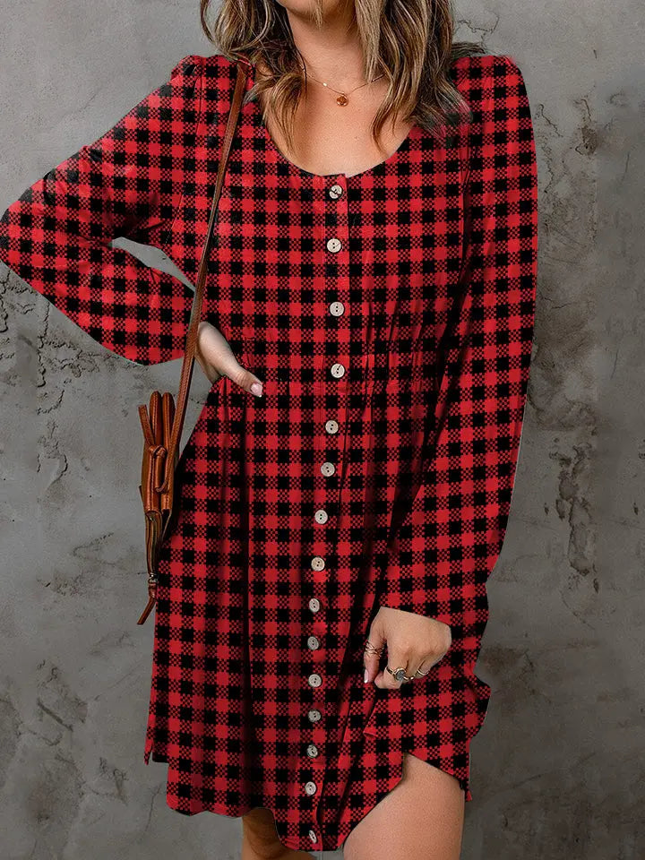 Double Take Plaid A-Line Mini Dress — Buttoned Neck - Whispering Desires Shoppe