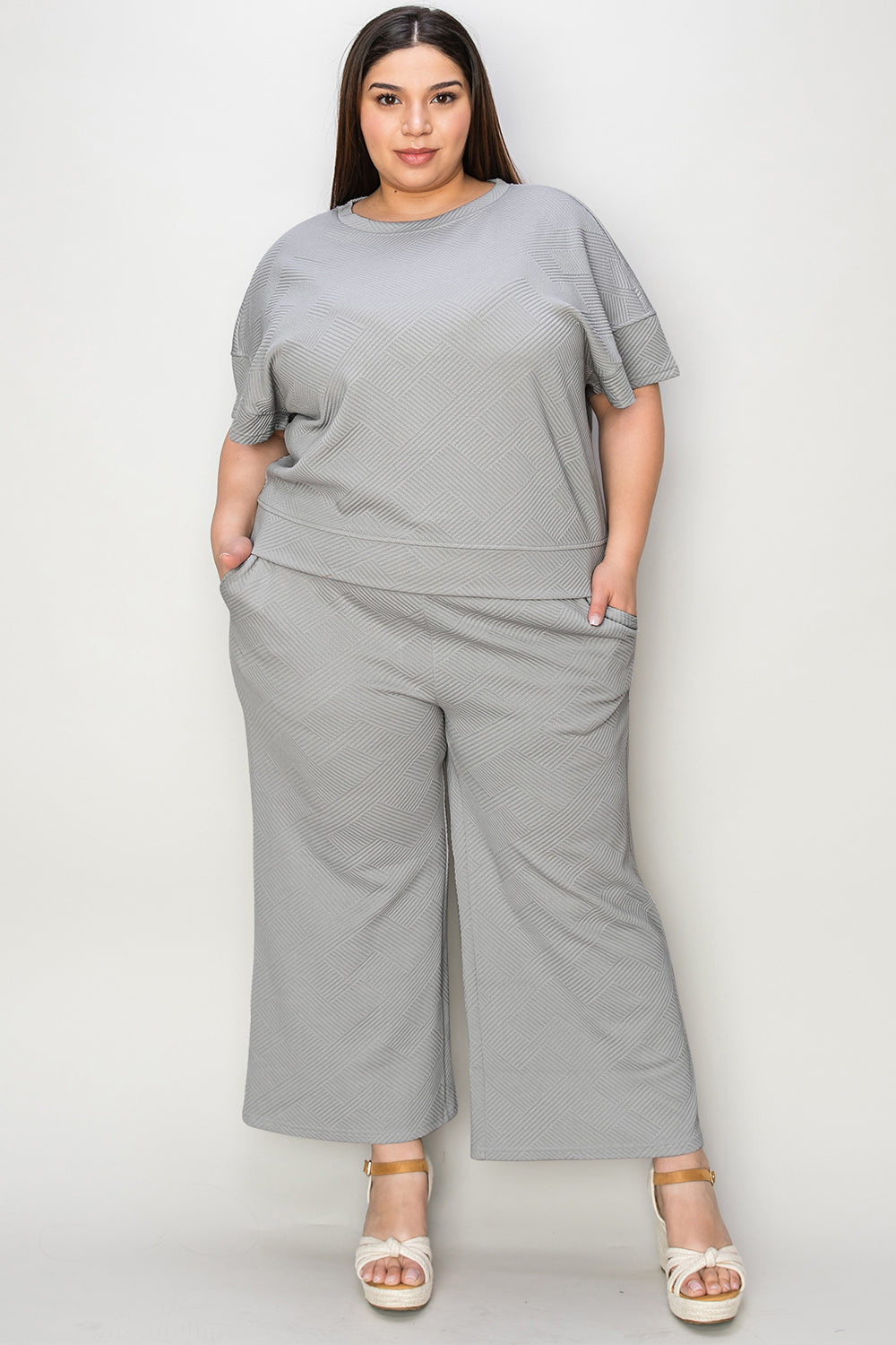 Double Take Full Size Texture Short Sleeve Top and Pants Set - Whispering Desires Shoppe