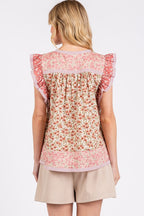 Mittoshop Floral Notched Ruffled Cap Sleeve Blouse - Whispering Desires Shoppe