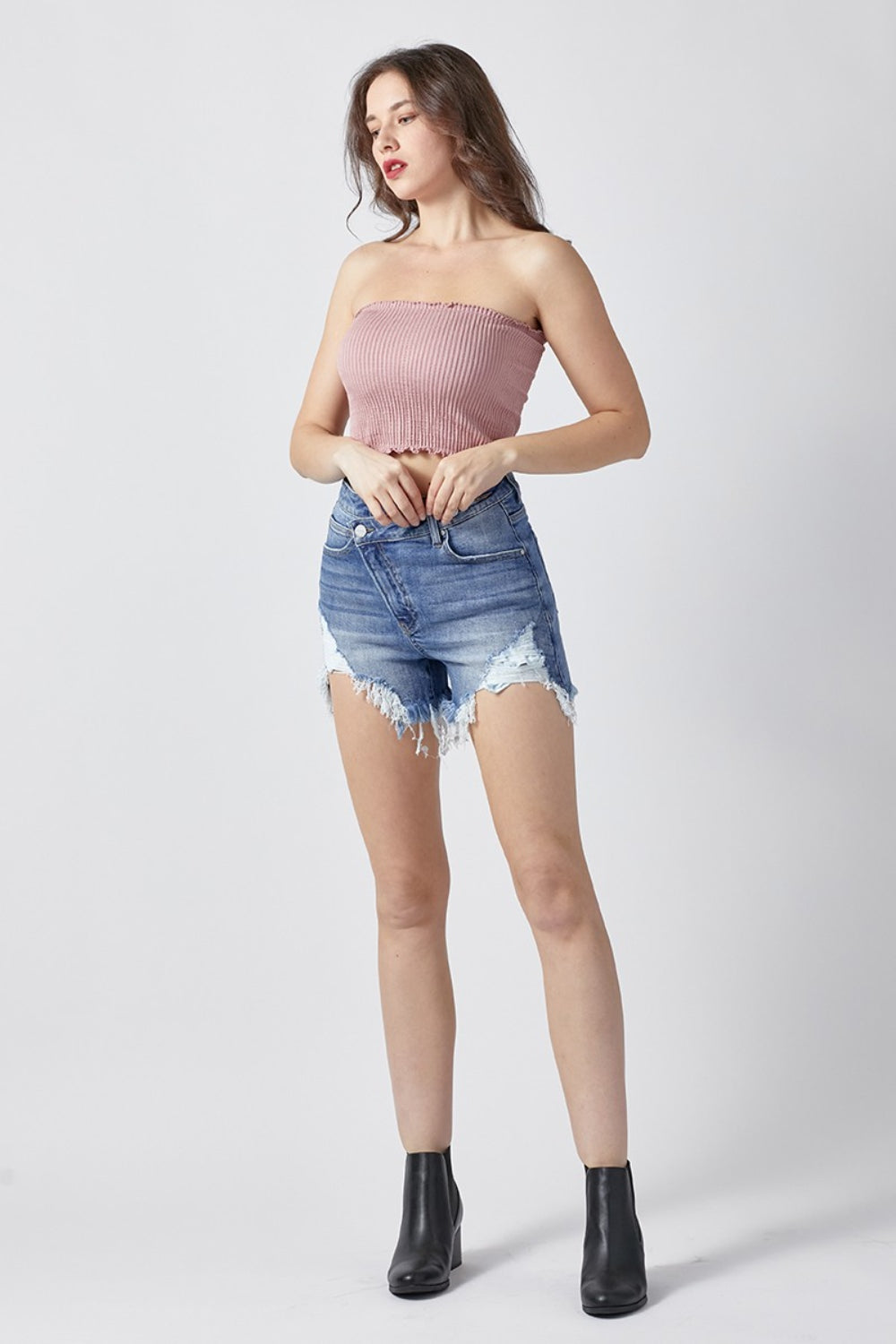 RISEN Asymmetrical Raw-Hem Denim Shorts - Whispering Desires Shoppe
