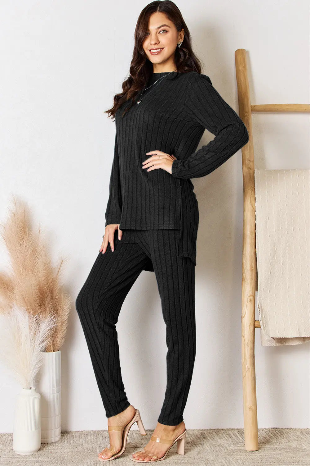 Trendsi Basic Bae Ribbed High-Low Top and Pants 2-Piece Loungewear Set - Whispering Desires Shoppe