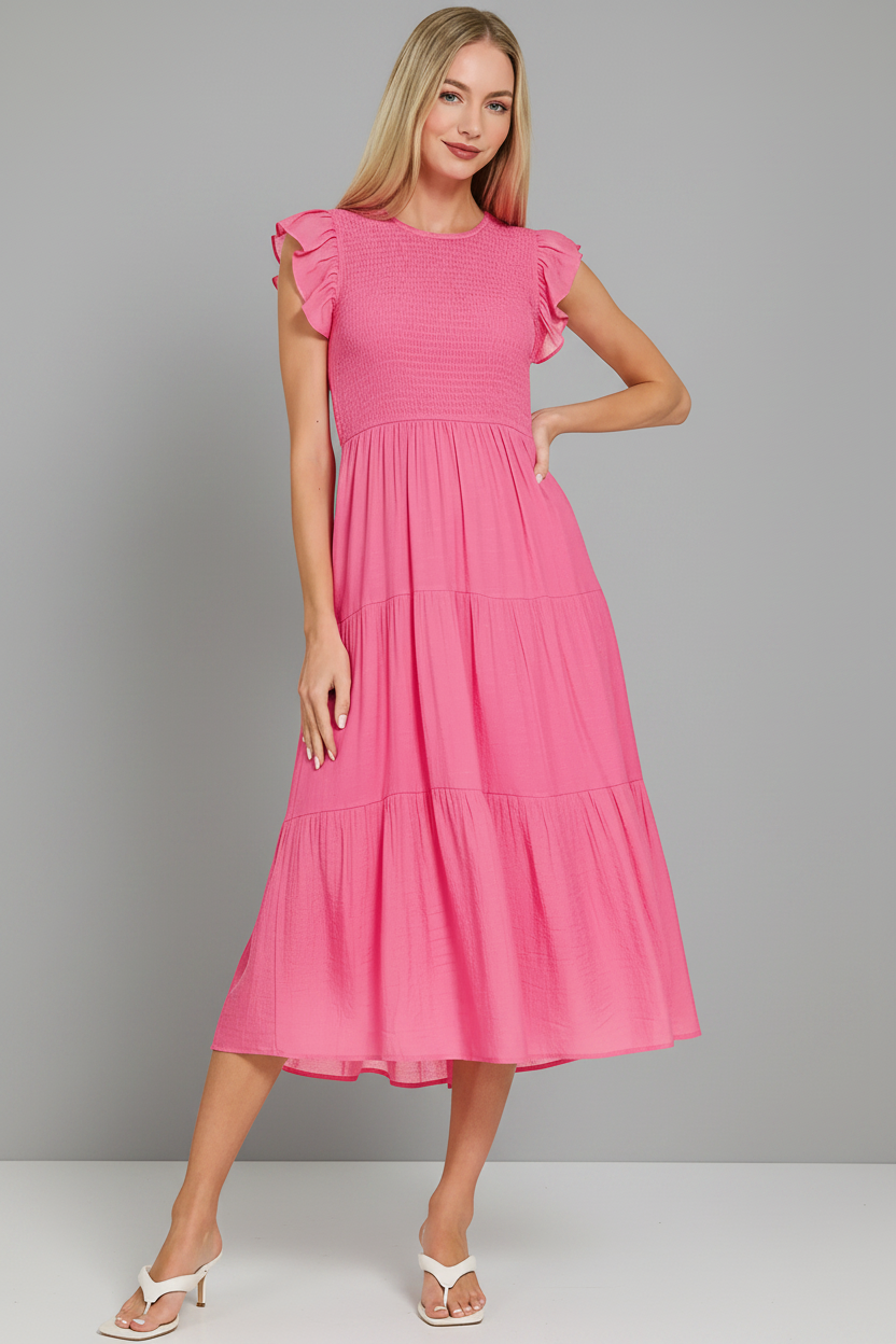 Zenana Woven Smocked Ruffle Sleeve Midi Dress | Tiered A-Line Style Trendsi