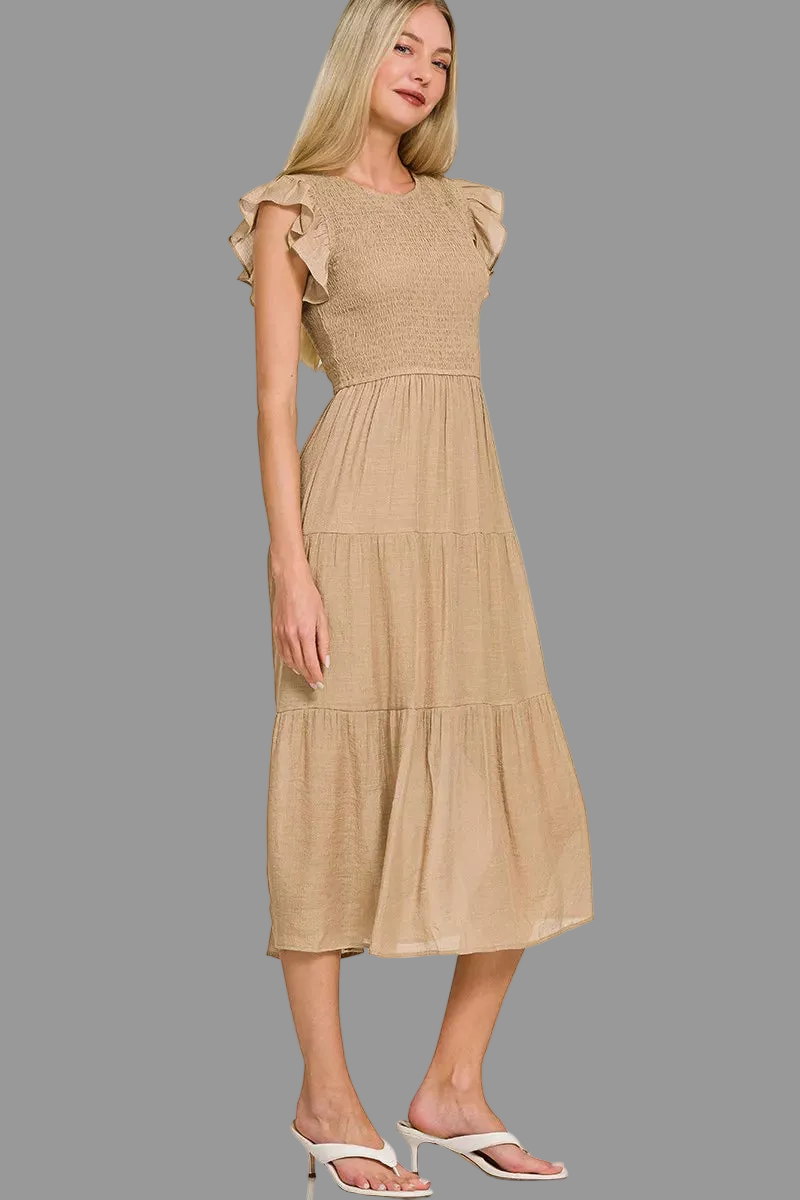 Zenana Woven Smocked Ruffle Sleeve Midi Dress | Tiered A-Line Style Trendsi