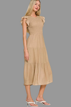 Zenana Woven Smocked Ruffle Sleeve Midi Dress | Tiered A-Line Style Trendsi
