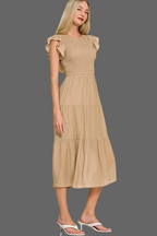 Zenana Woven Smocked Ruffle Sleeve Midi Dress | Tiered A-Line Style Trendsi