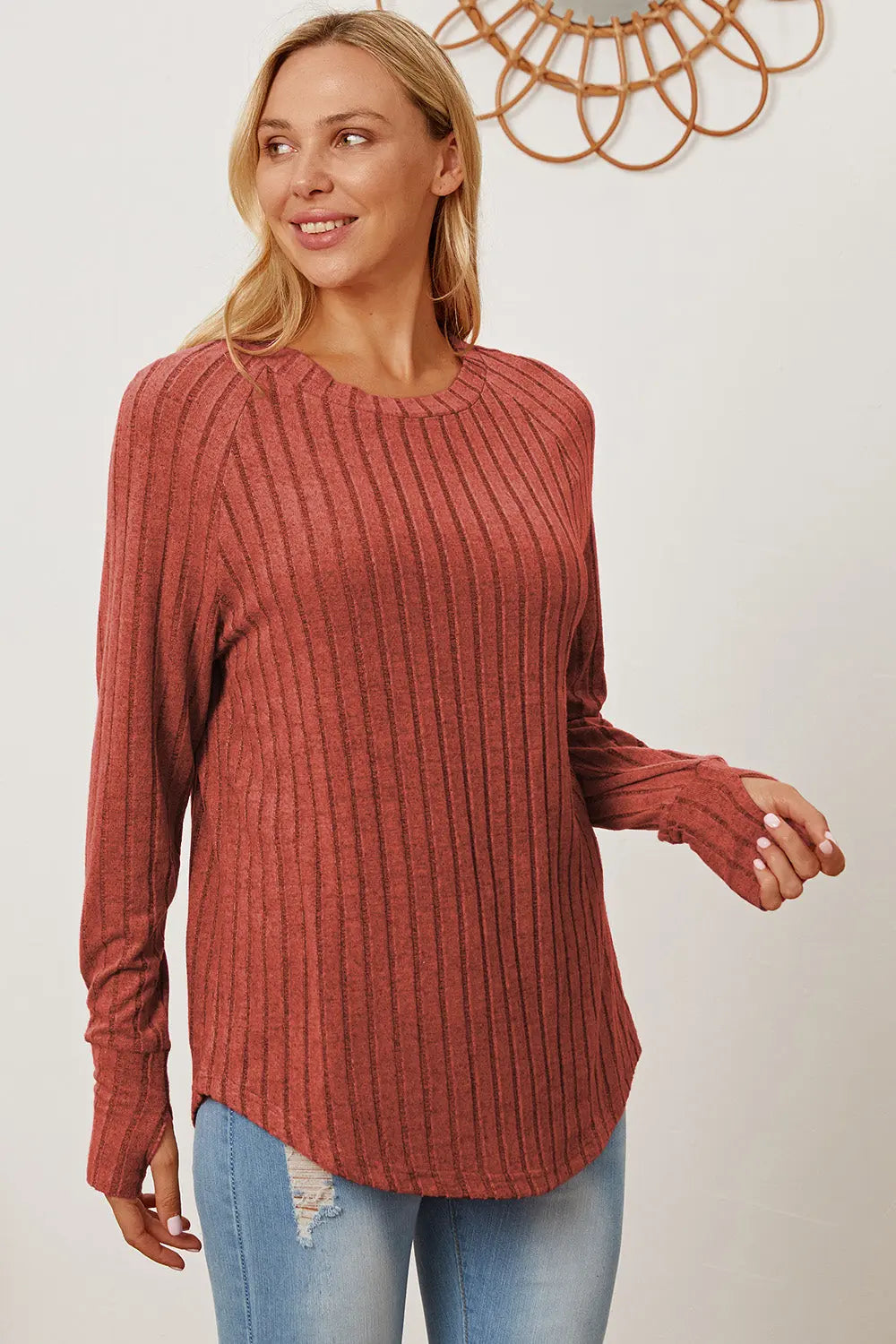 Basic Bae Ribbed Thumbhole Long-Sleeve Tee - Whispering Desires Shoppe