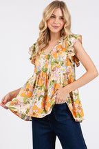 Mittoshop Floral V-Neck Ruffled Cap Sleeve Blouse - Whispering Desires Shoppe