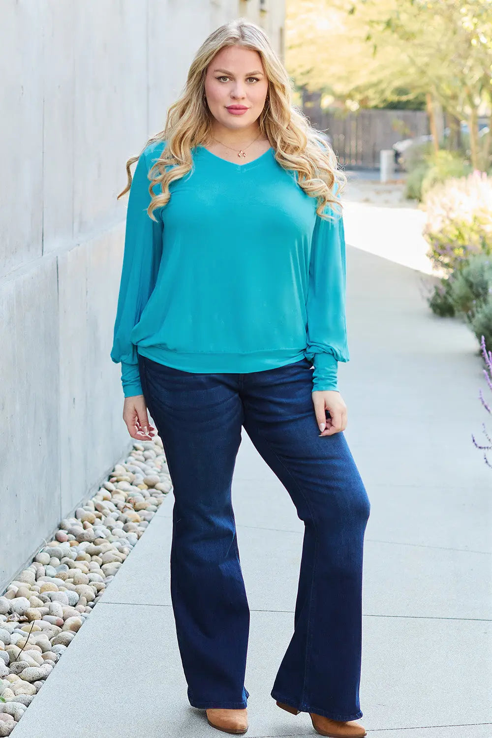 Basic Bae V-Neck Lantern Sleeve Top — Full Sizes - Whispering Desires Shoppe