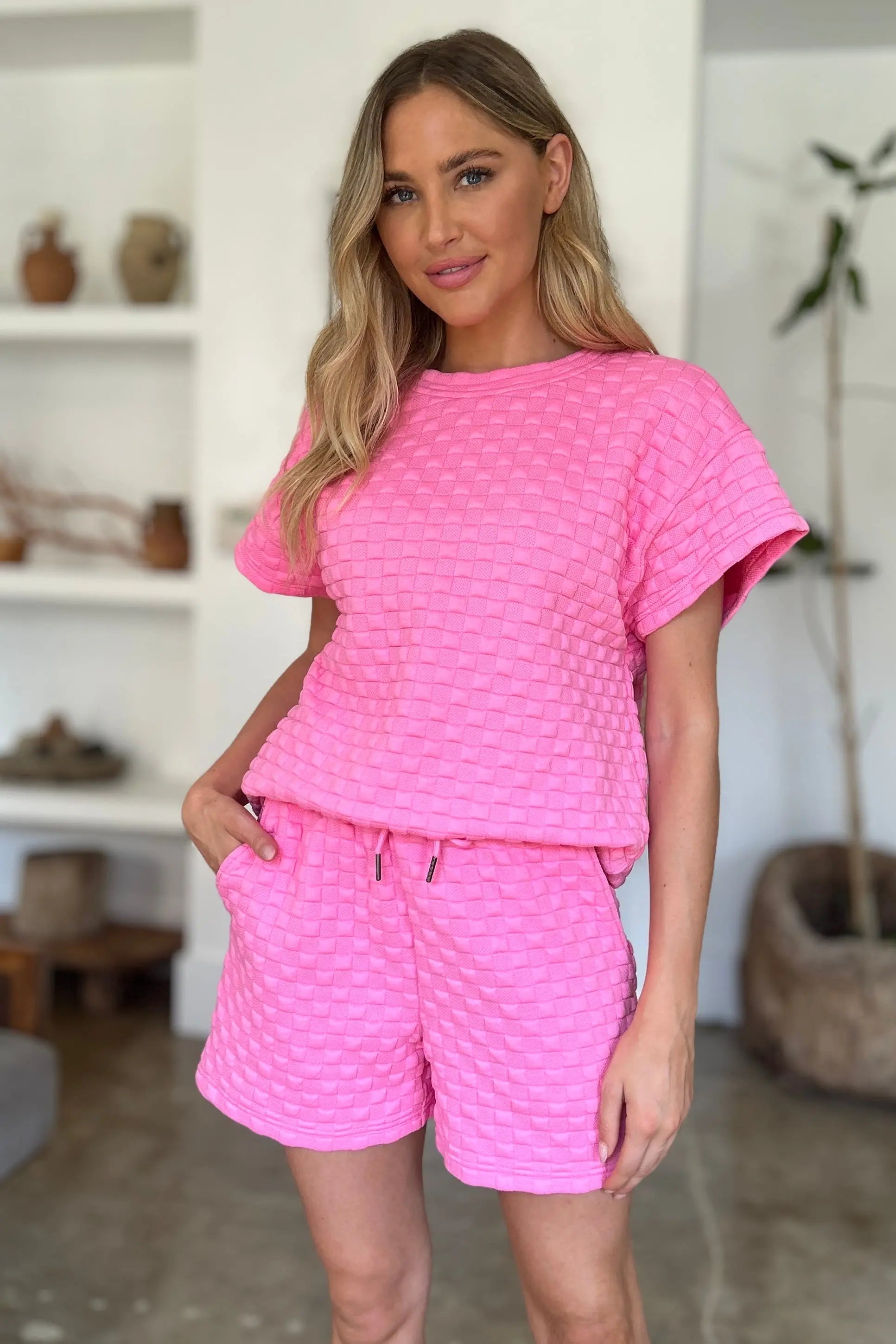 Double Take Textured T-Shirt & Drawstring Shorts Set - Whispering Desires Shoppe