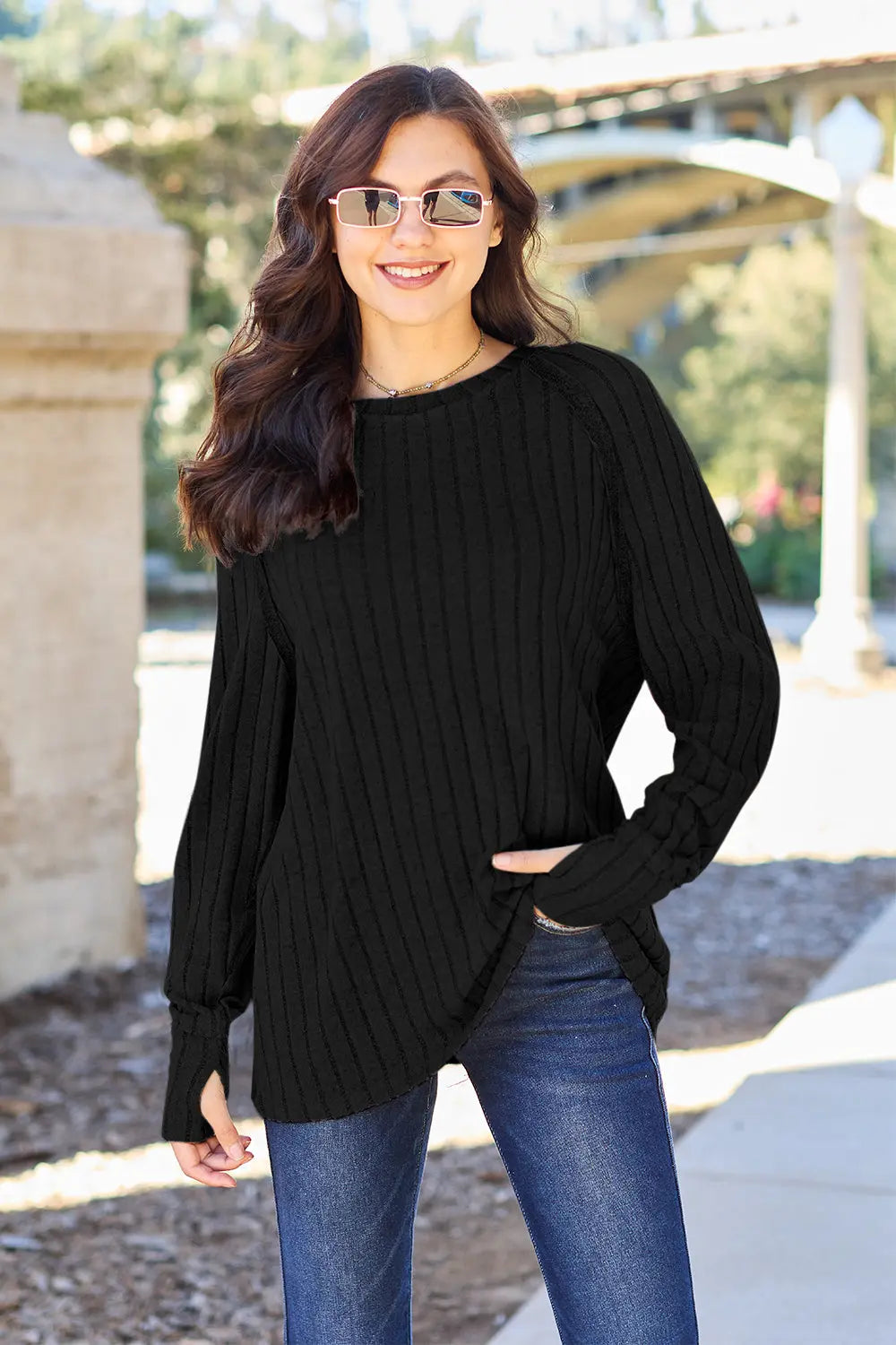 Basic Bae Ribbed Round-Neck Long-Sleeve Knit Top - Whispering Desires Shoppe