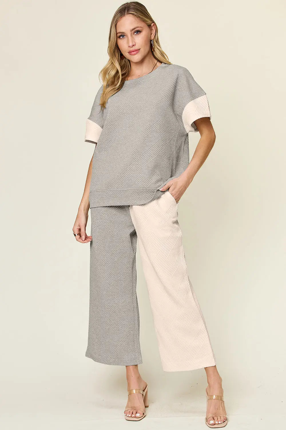 Double Take Texture Contrast Two-Piece Set — Wide Leg - Whispering Desires Shoppe