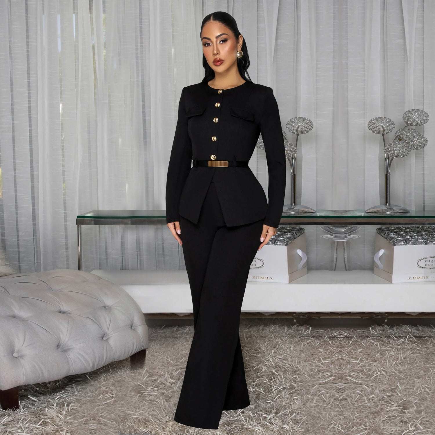 Fashionable Women's Slimming Belted Top and Pants Set - Whispering Desires Shoppe