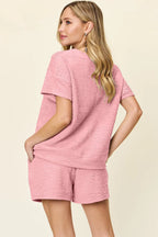 Double Take Textured Tee & Drawstring Shorts Set - Whispering Desires Shoppe
