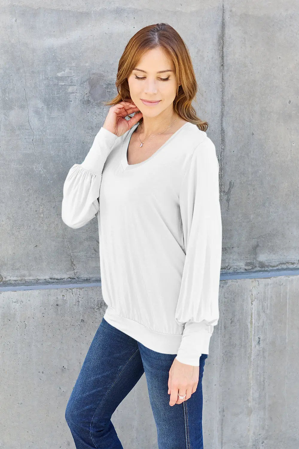 Basic Bae V-Neck Lantern Sleeve Top — Full Sizes - Whispering Desires Shoppe