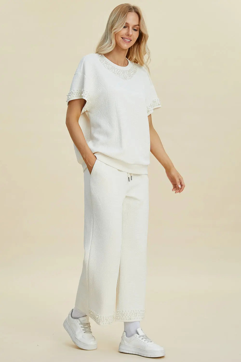Double Take Full Size Pearl Detail Round Neck Top and Pants Set - Whispering Desires Shoppe