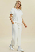Double Take Full Size Pearl Detail Round Neck Top and Pants Set - Whispering Desires Shoppe