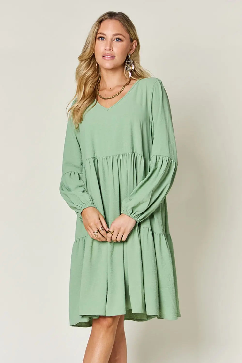 Double Take V-Neck Balloon Sleeve Tiered Dress w/ Pockets - Whispering Desires Shoppe