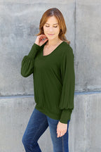 Basic Bae V-Neck Lantern Sleeve Top — Full Sizes - Whispering Desires Shoppe