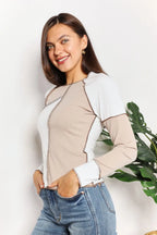 Double Take Colorblock Ribbed Exposed-Seam Top - Whispering Desires Shoppe