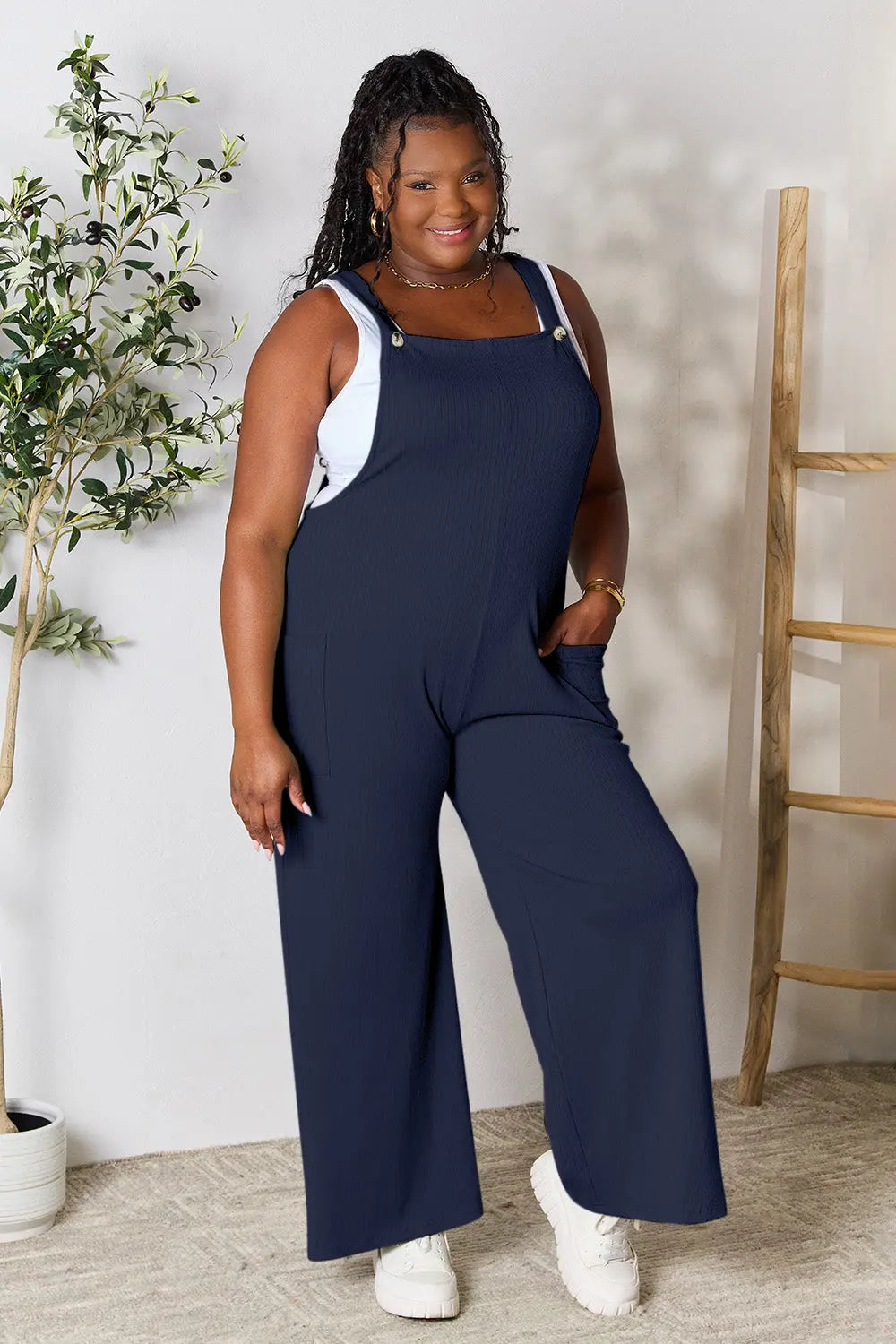 Double Take Wide-Strap Ribbed Overall with Pockets - Whispering Desires Shoppe