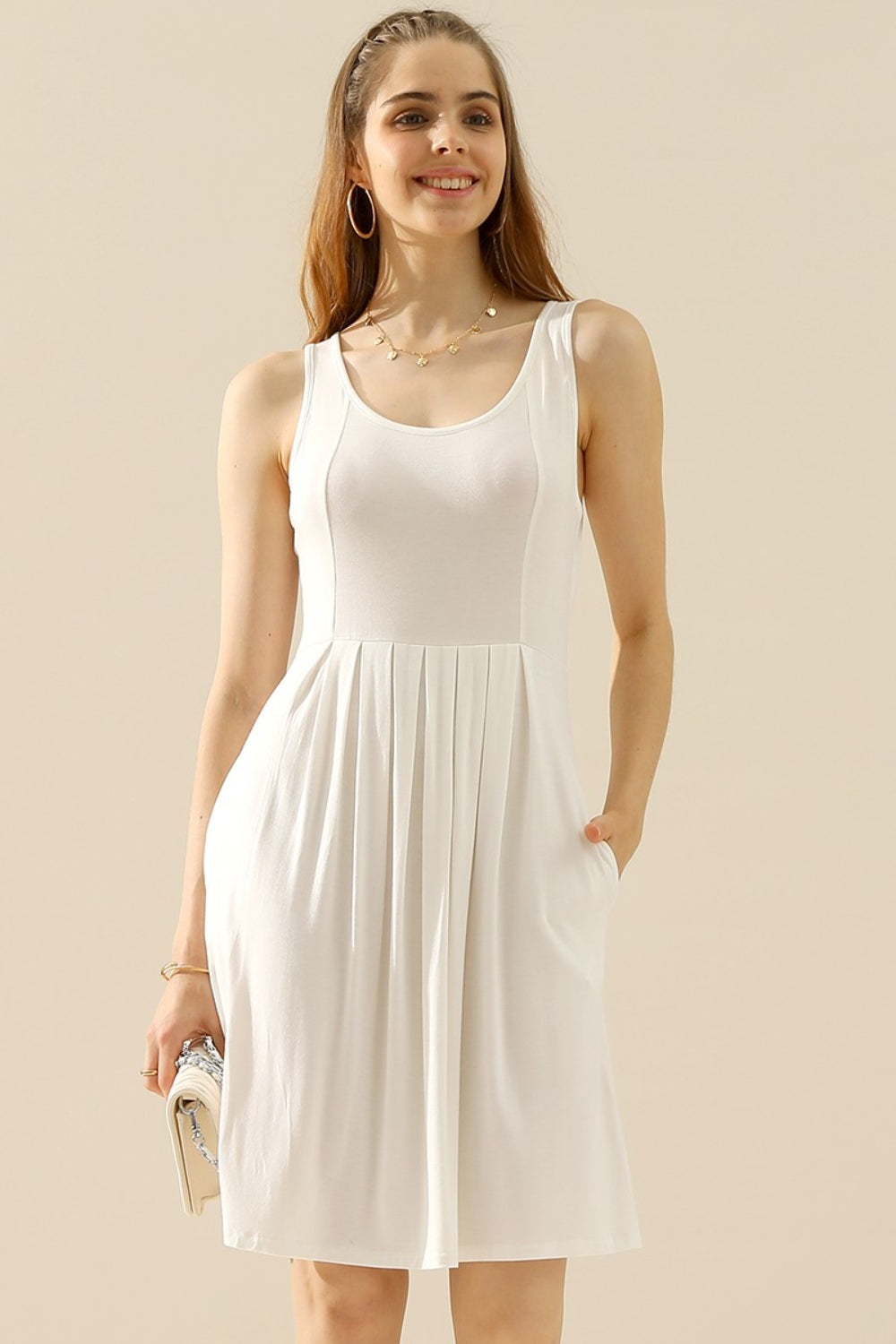 Doublju Ruched Round-Neck Sleeveless Dress w/ Pockets - Whispering Desires Shoppe