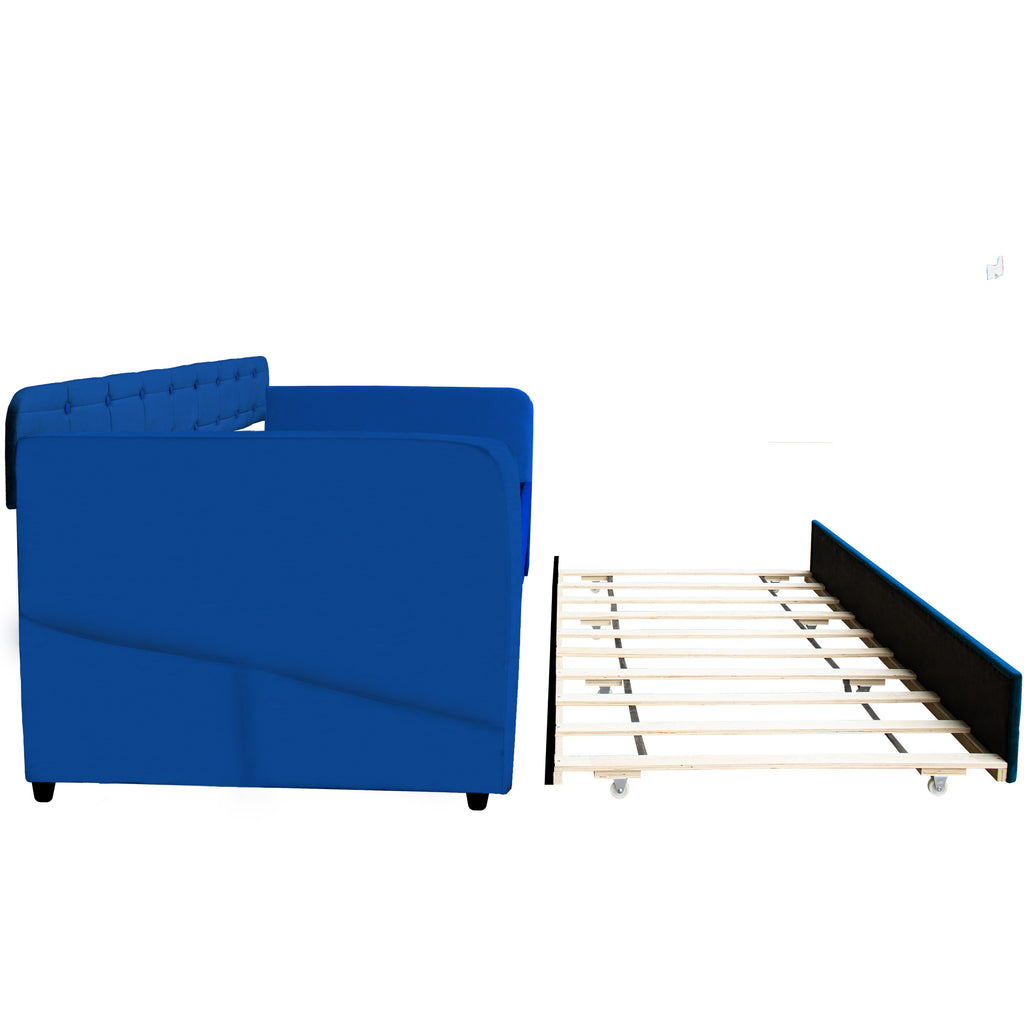Blue padded twin beds with wheels, velvet fabric, no need for springs eprolo