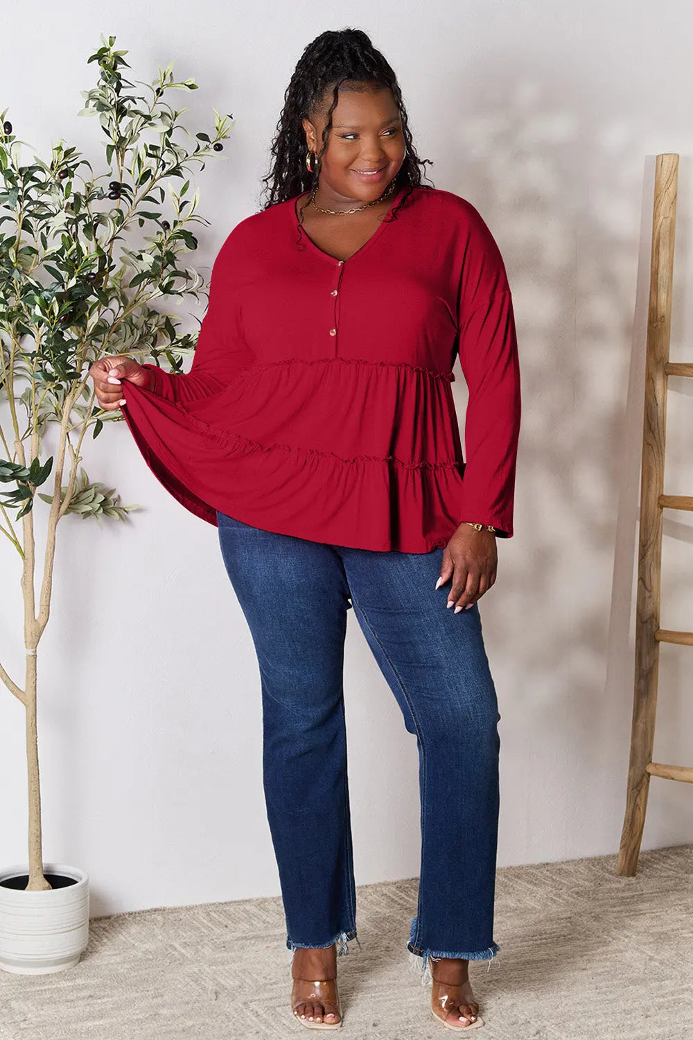 Double Take Ruffle-Hem Button Blouse - Whispering Desires Shoppe