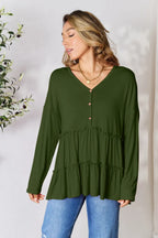 Double Take Ruffle-Hem Button Blouse - Whispering Desires Shoppe