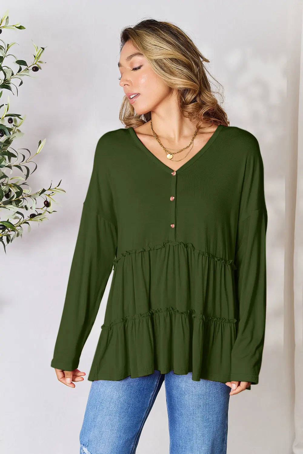 Double Take Ruffle-Hem Button Blouse - Whispering Desires Shoppe