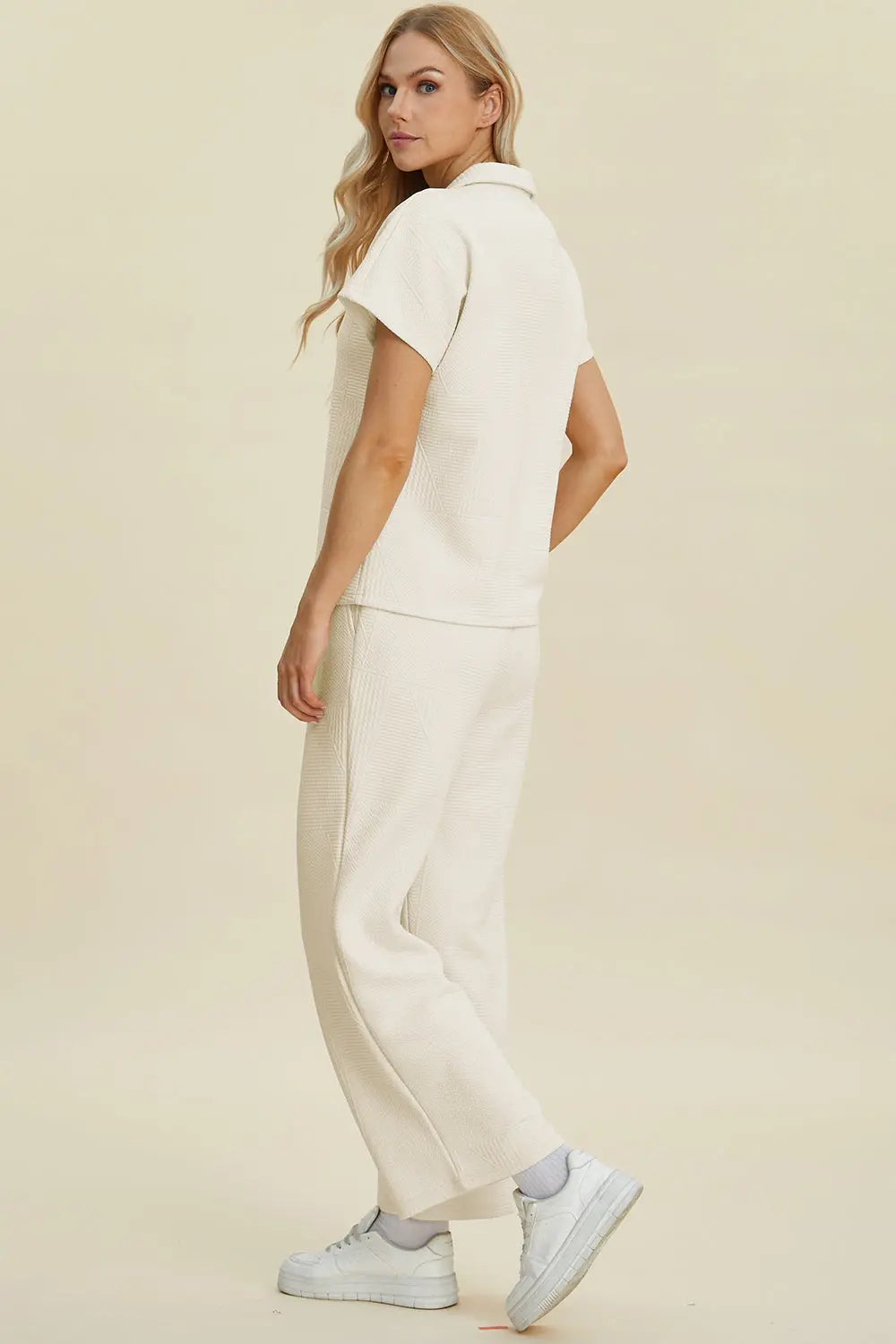 Double Take Collared Two-Piece Top & Wide-Leg Pants - Whispering Desires Shoppe