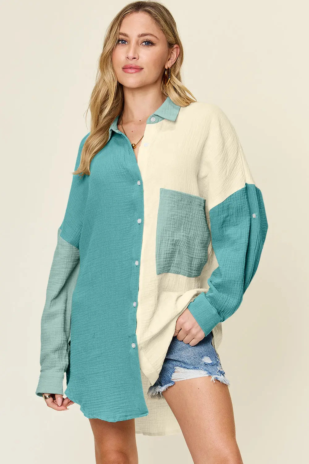Double Take Textured Cotton Button-Up Shirt - Whispering Desires Shoppe