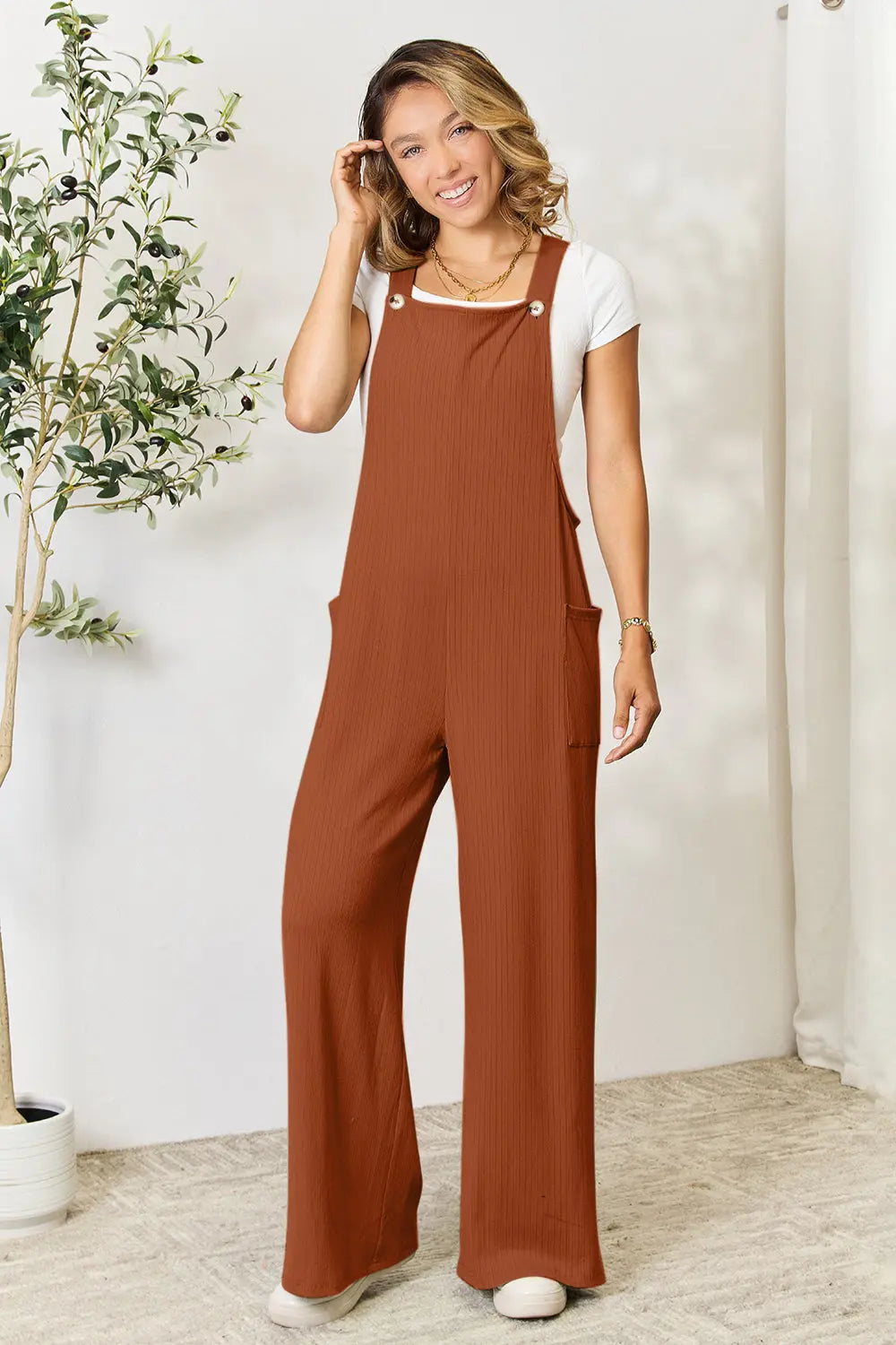 Double Take Wide-Strap Ribbed Overall with Pockets - Whispering Desires Shoppe