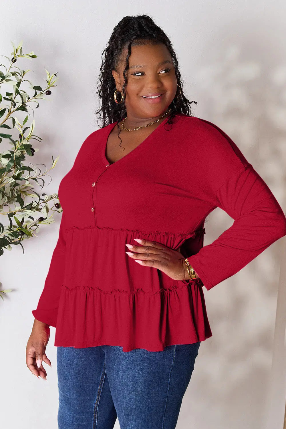Double Take Ruffle-Hem Button Blouse - Whispering Desires Shoppe