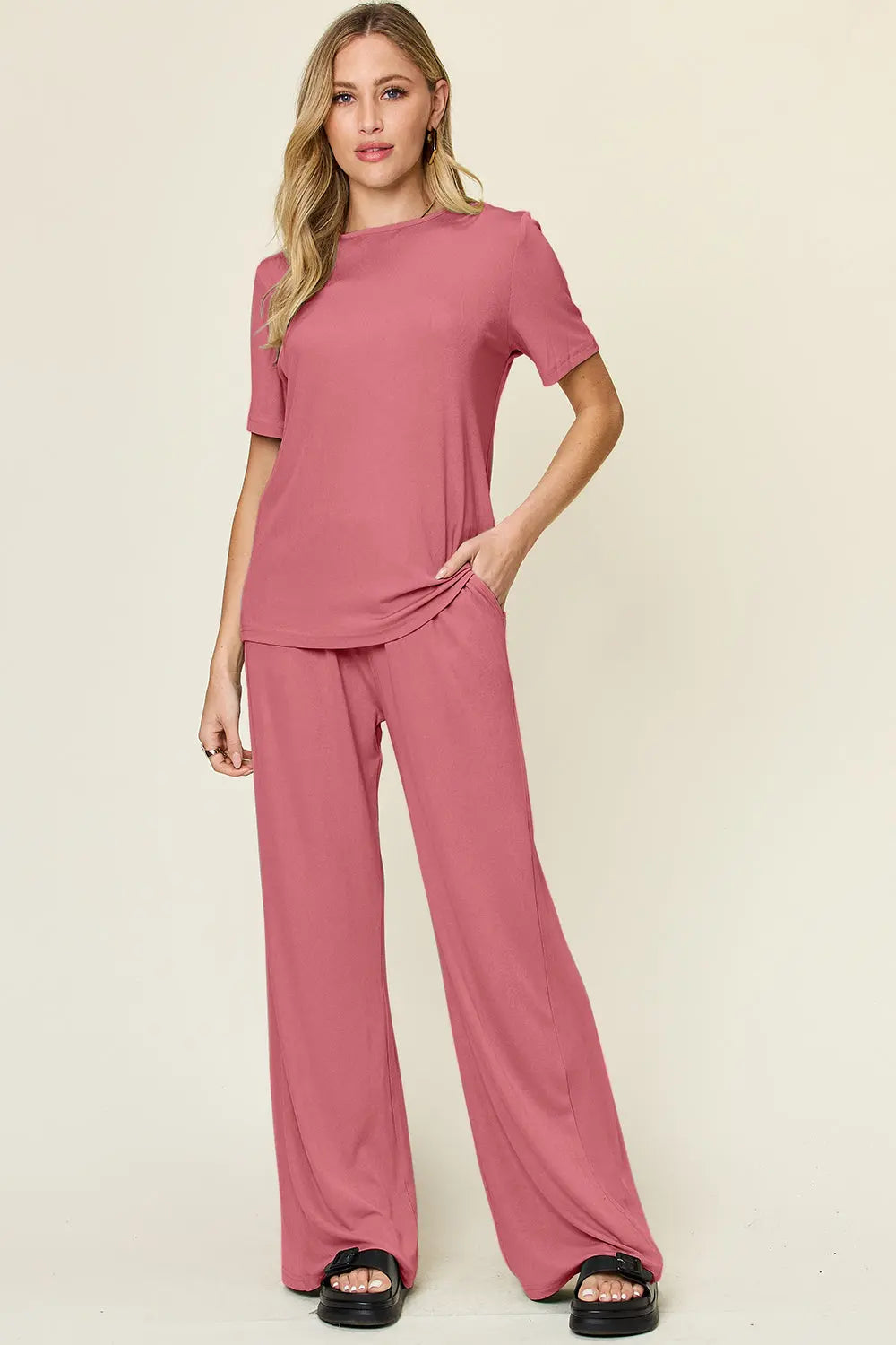 Double Take Short-Sleeve & Wide-Leg Two-Piece Set - Whispering Desires Shoppe
