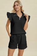 Double Take Flounce Sleeve Top & Drawstring Shorts - Whispering Desires Shoppe