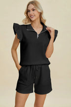 Double Take Flounce Sleeve Top & Drawstring Shorts - Whispering Desires Shoppe