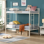 Twin metal bunk beds, metal structure bed frame with safety guardrails and 2 ladders, convertible bunk beds, white eprolo