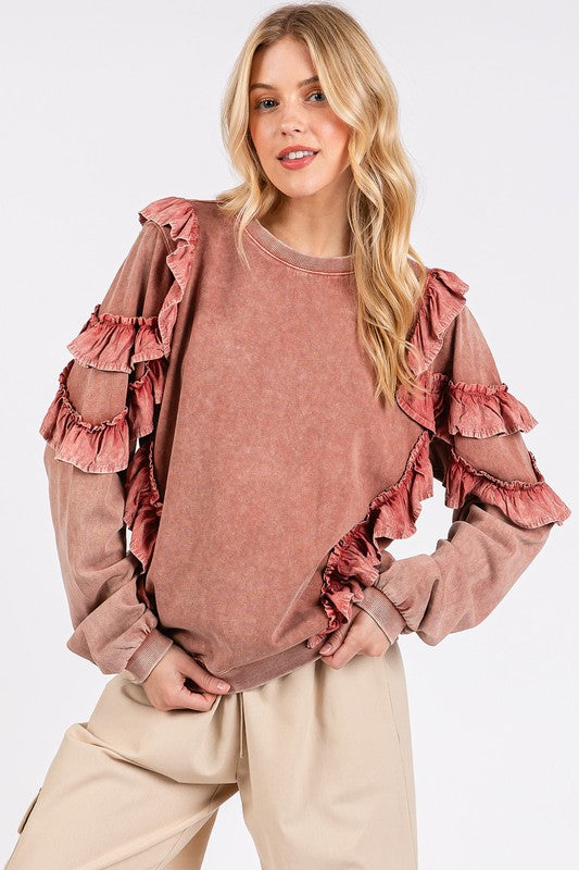 Mittoshop Ruffled Mineral Washed Round Neck Long Sleeve Sweatshirt - Whispering Desires Shoppe
