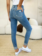 Judy Blue Mid-Rise Destroy & Cuff Skinny Jeans - Whispering Desires Shoppe