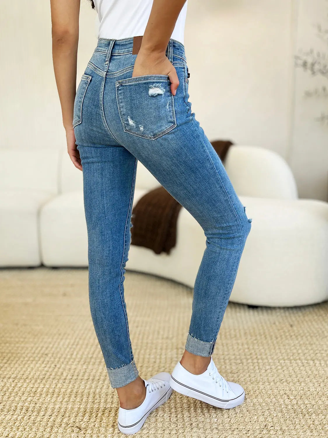 Judy Blue Mid-Rise Destroy & Cuff Skinny Jeans - Whispering Desires Shoppe