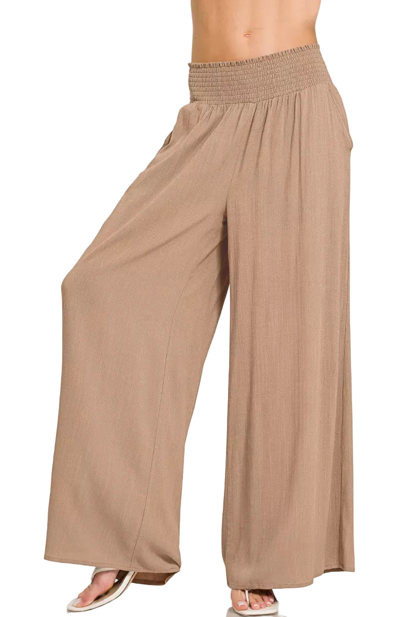 Zenana Smocked Waistband Wide Leg Lounge Pants with Pockets | Rayon Blend Trendsi