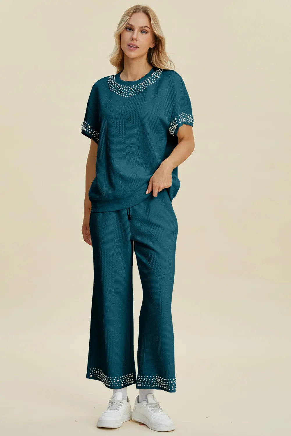 Double Take Full Size Pearl Detail Round Neck Top and Pants Set - Whispering Desires Shoppe