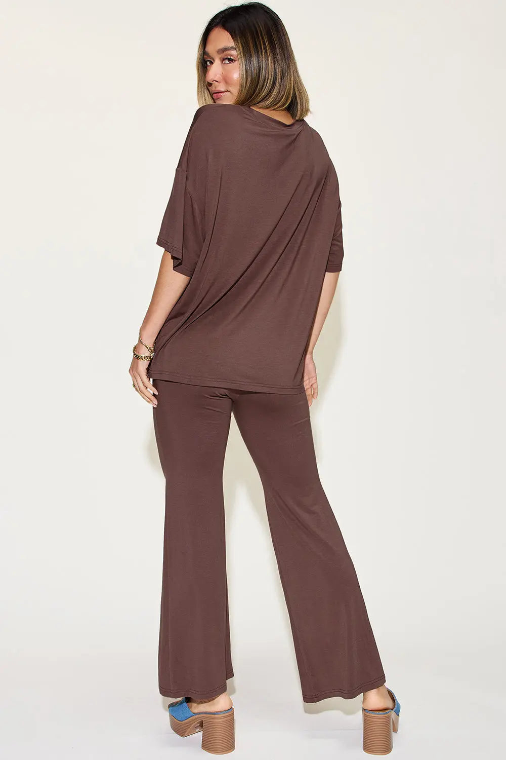 Basic Bae Full Size Bamboo Drop Shoulder T-Shirt and Flare Pants Set - Whispering Desires Shoppe