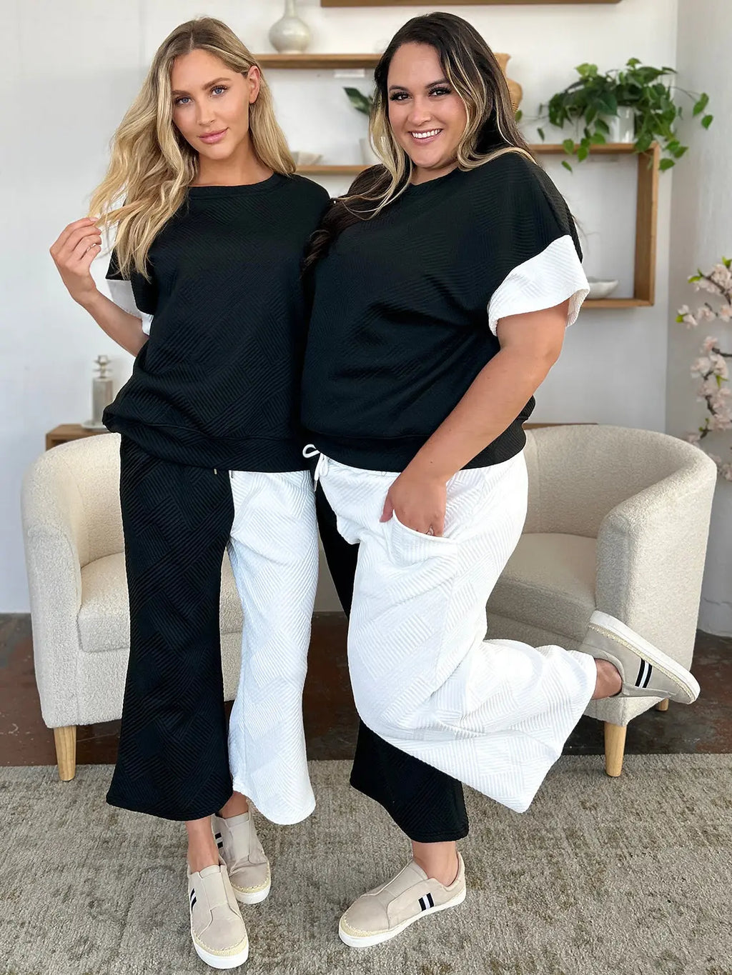 Double Take Texture Contrast Two-Piece Set — Wide Leg - Whispering Desires Shoppe