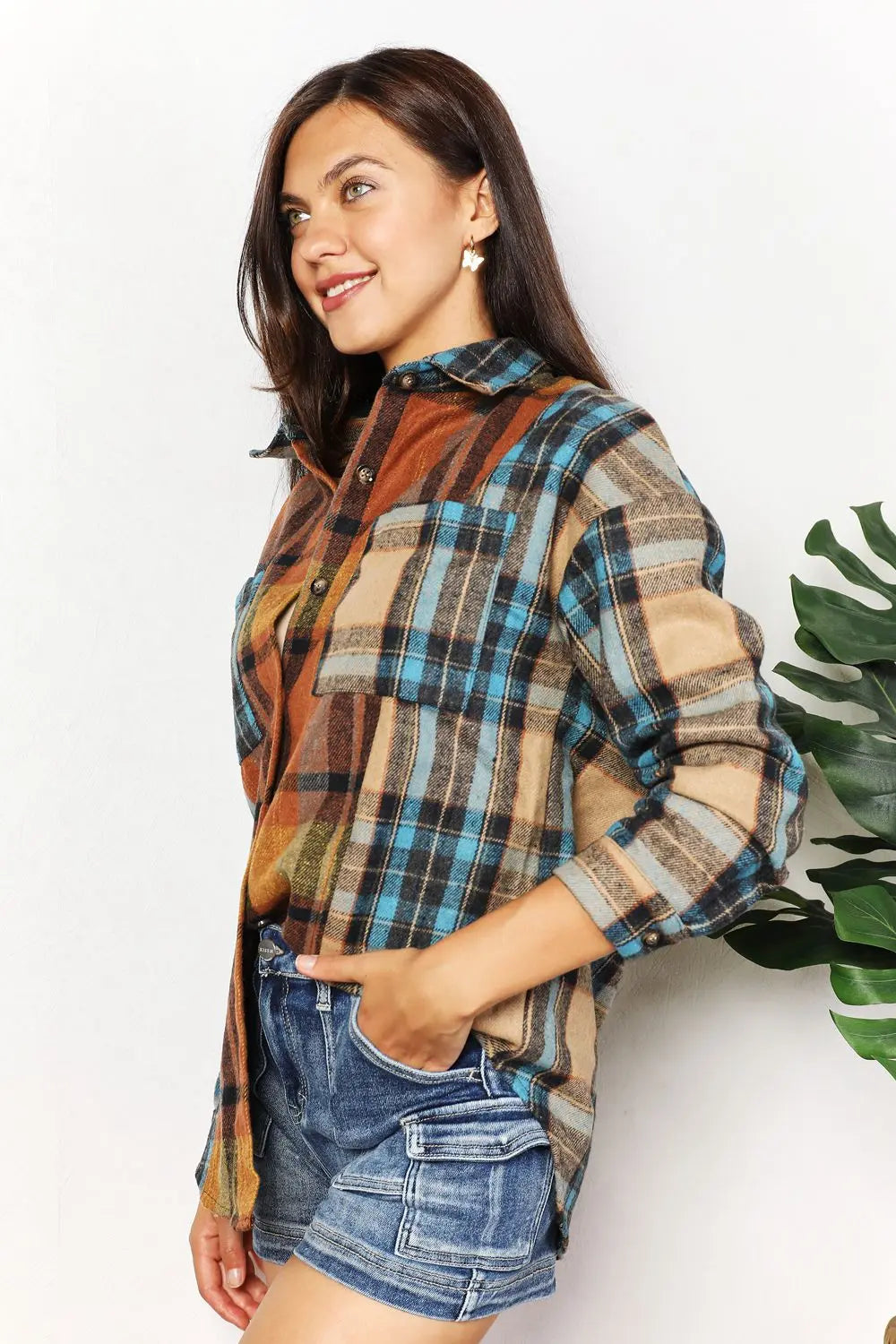 Double Take Plaid Curved-Hem Shirt Jacket - Whispering Desires Shoppe